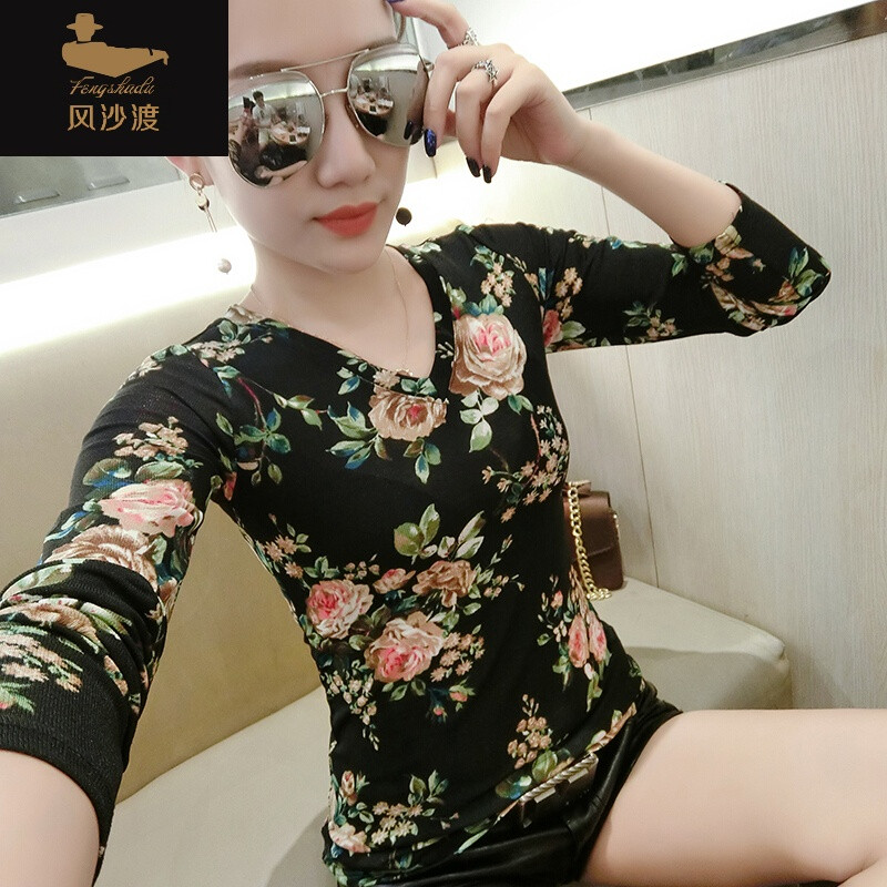 2017秋装新款时尚印花修身长袖领恤打底小衫百搭女土恤桖上衣 M 黑色