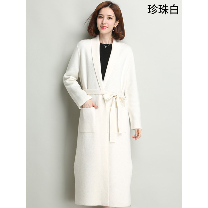 玛思蓓丝韩版女中长款纯羊绒外套大衣宽松长款百搭开衫 XL 珍珠白