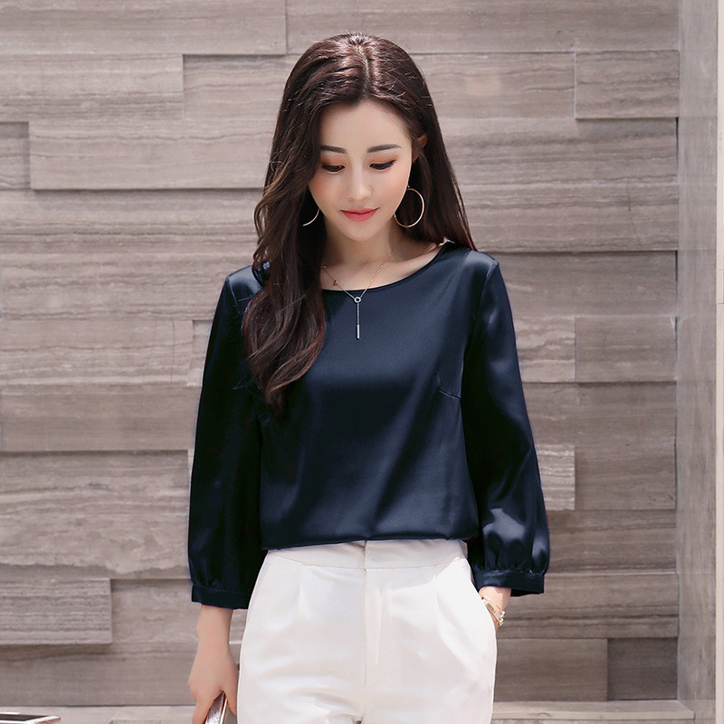 与牧2017夏新款桑蚕丝短袖衬衫大码女装宽松圆领七分袖真丝上衣T恤女 藏青色 L