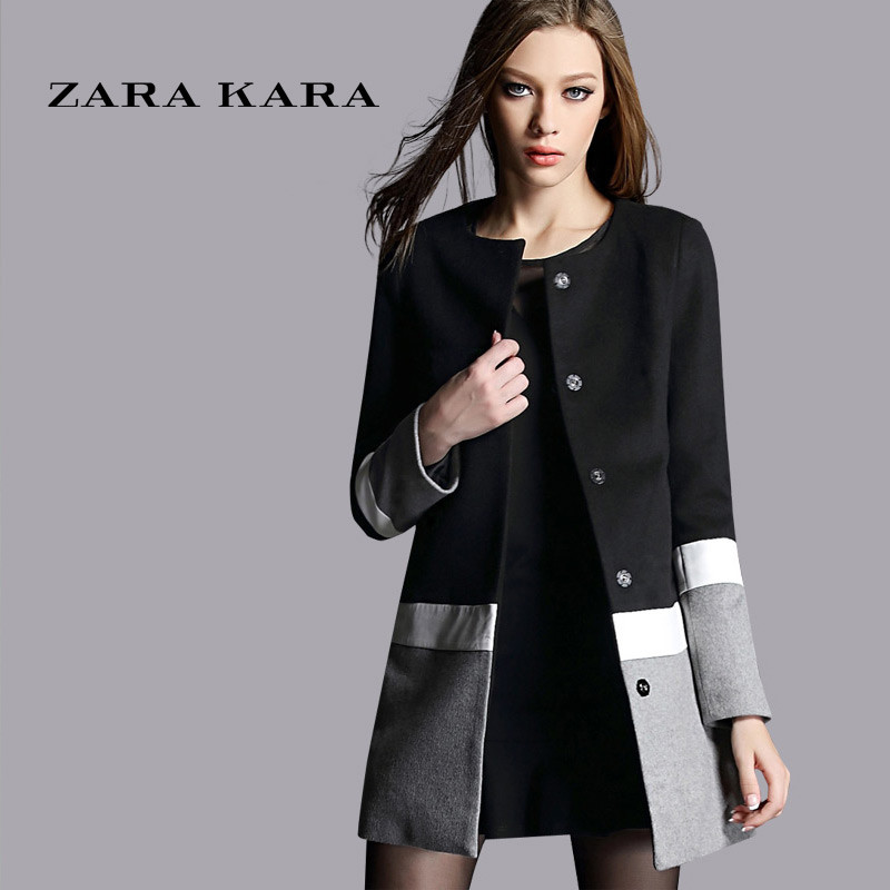 ZARA KARA2017冬装新款毛呢外套女中长款冬季外套拼接毛呢大衣 L 黑色