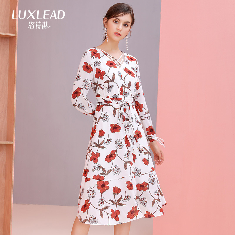 洛诗琳2017秋季新款浪漫田园印花长裙交叉V领长袖系带度假连衣裙LQDR772979 L 花色