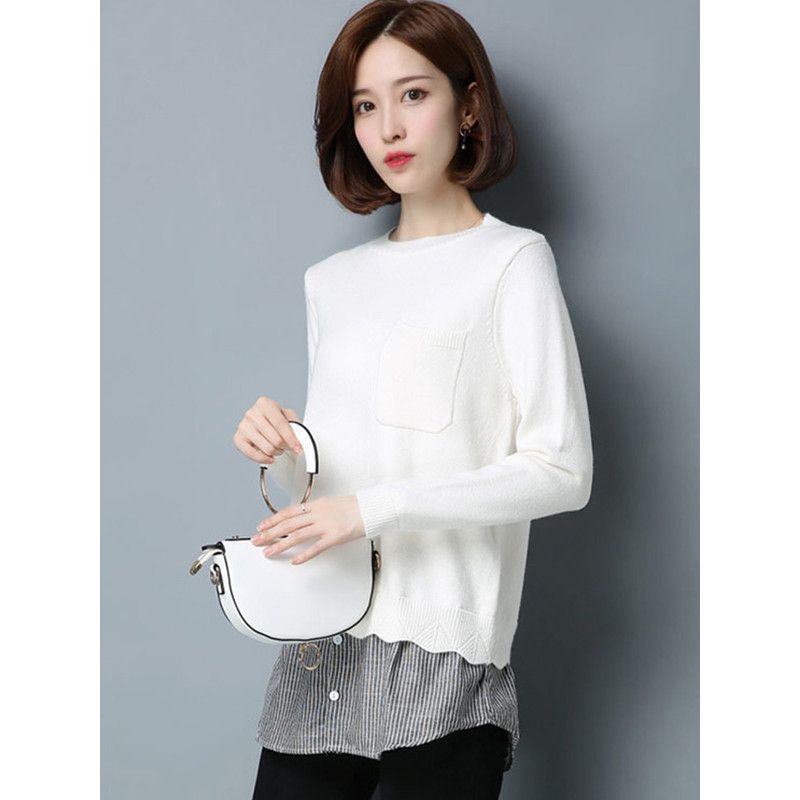 丝柏舍 2017秋装新款女装圆领长袖条纹拼接下摆套头毛衣S74S0026M