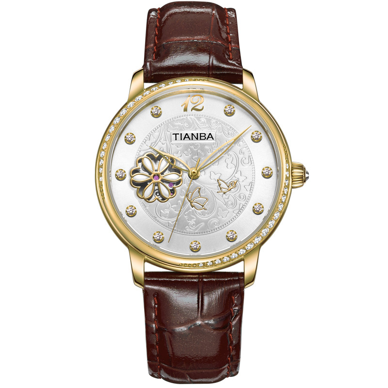 天霸(TIANBA)全自动机械表表专柜同款休闲时尚真皮皮带女士手表 镂空商务休闲潮流机械手表女表TL6032 棕色