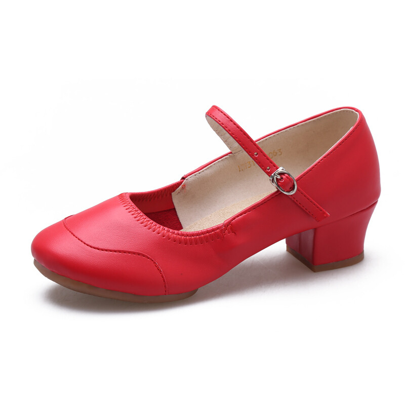 闪电客夏季妈妈跳舞鞋广场舞鞋子中跟软底中老年舞蹈鞋女式红色皮鞋 红色 42