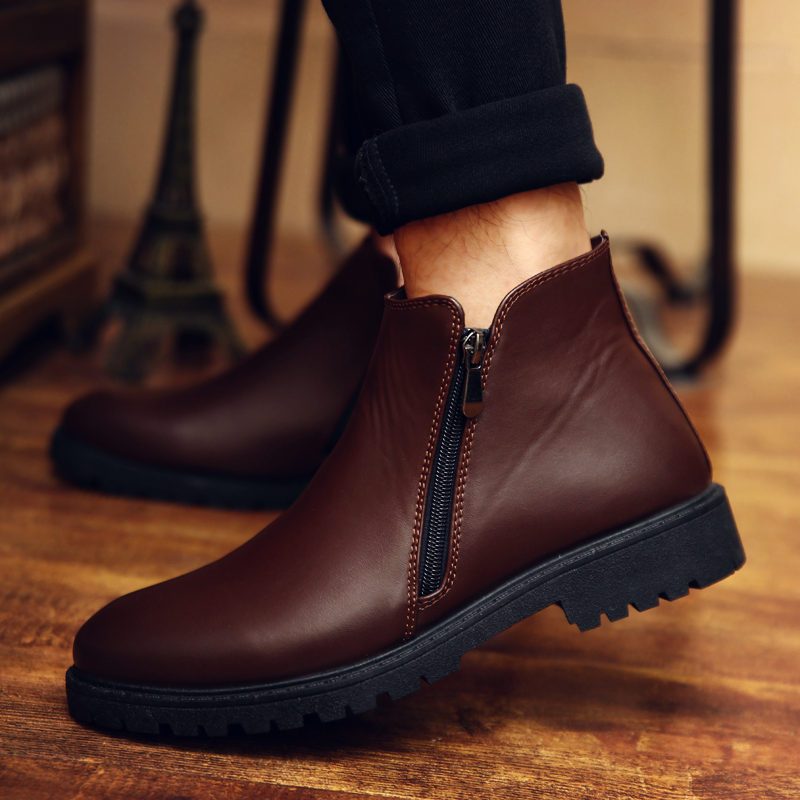bw9新款冬季新款男士韩版休闲鞋马丁靴潮流短靴拉链皮英伦风修身男靴_6 Y01棕色+垫 42