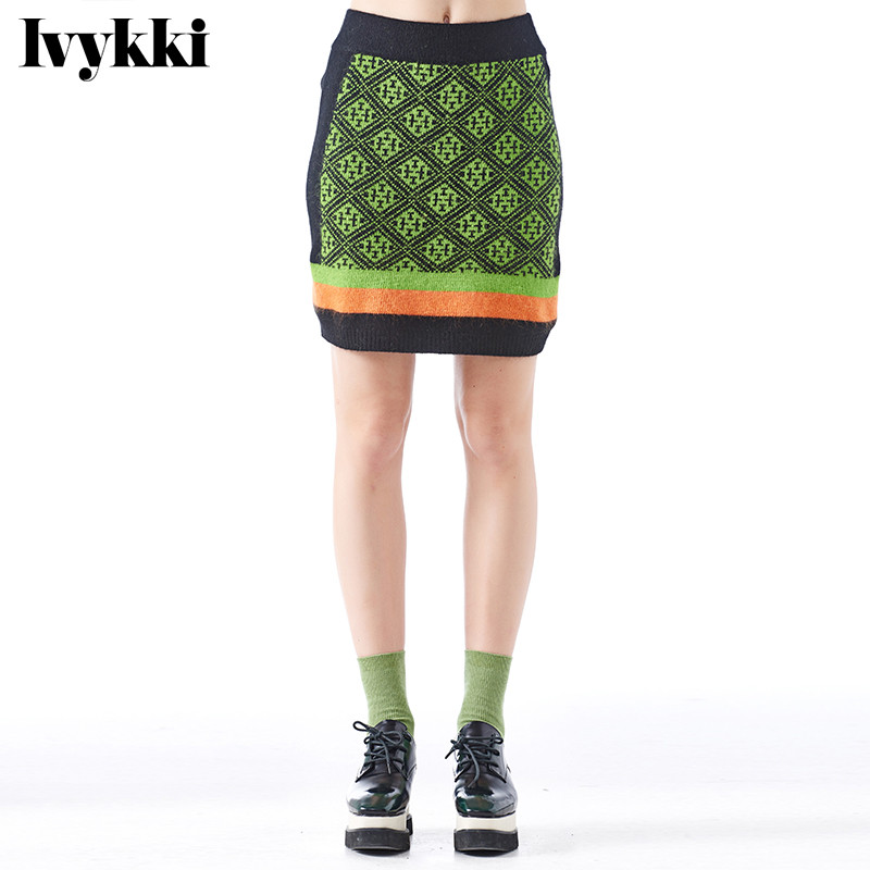 Ivykki艾维秋冬新品织花撞色条纹时尚包臀短裙 0400花绿 34/XS/155