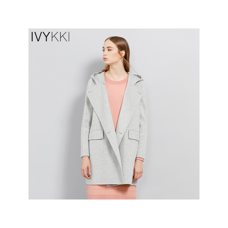 IVYKKI艾维2017秋新款女装外套纯色连帽中长款宽松百搭双面呢大衣_1 42/XL/175 0900花灰