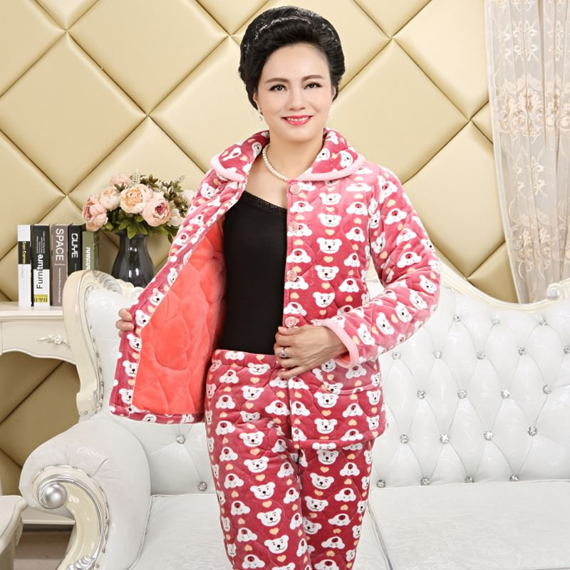 茵珠麗YinZhuli 中老年冬季新款法兰绒夹棉加厚保暖长袖女士婆婆睡衣套装 冬天时尚妈妈棉袄休闲家居服套装8466 3XL 6号款