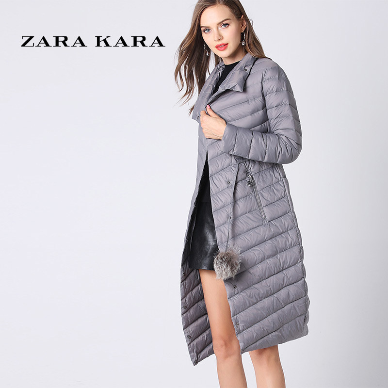 ZARA KARA2017秋冬新款时尚中长款羽绒服收腰显瘦带毛球白鸭绒品牌外套 灰色 XL