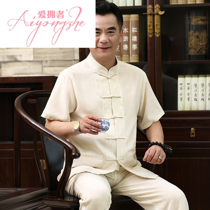 棉麻男士唐装套装中老年大码中式短袖衬衫汉服
