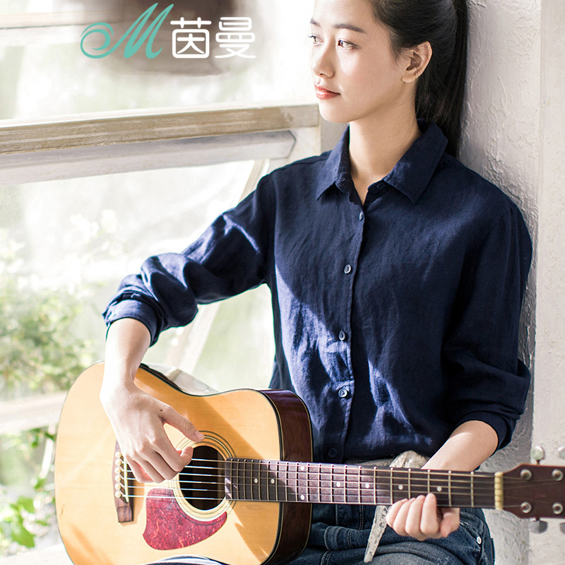 茵曼范玮琪秋冬新款百搭亚麻衬衫女长袖格子衬衣8530110478 S 宝蓝格