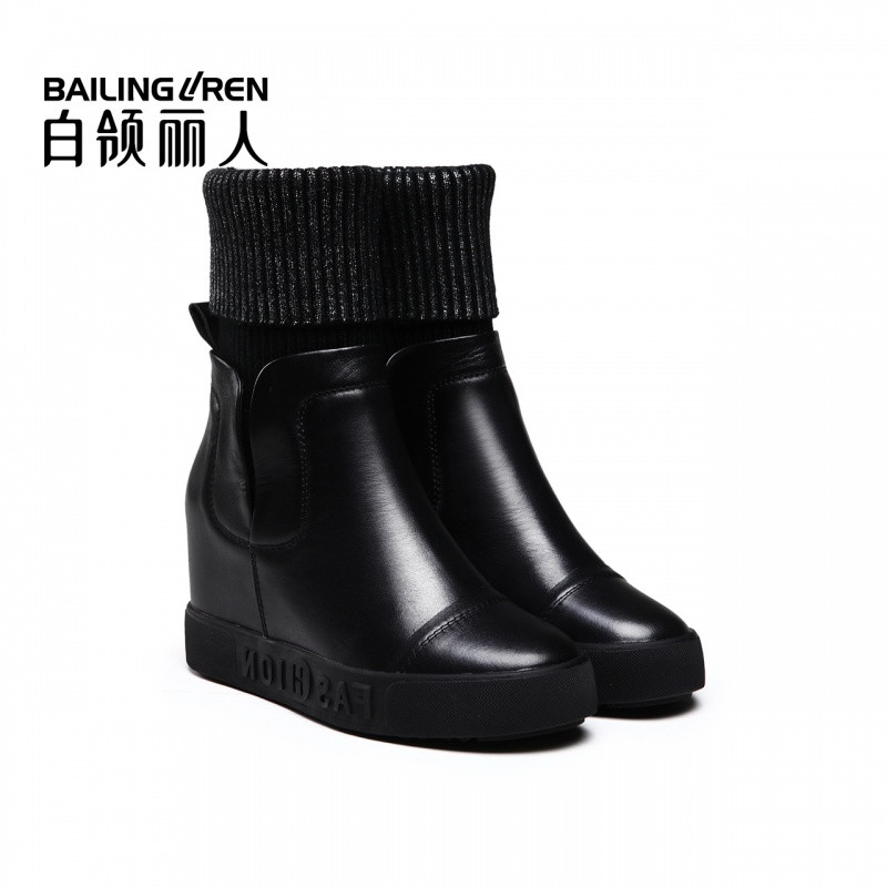 白领丽人秋冬新款牛皮毛线加绒高跟女鞋内增高坡跟女靴女鞋