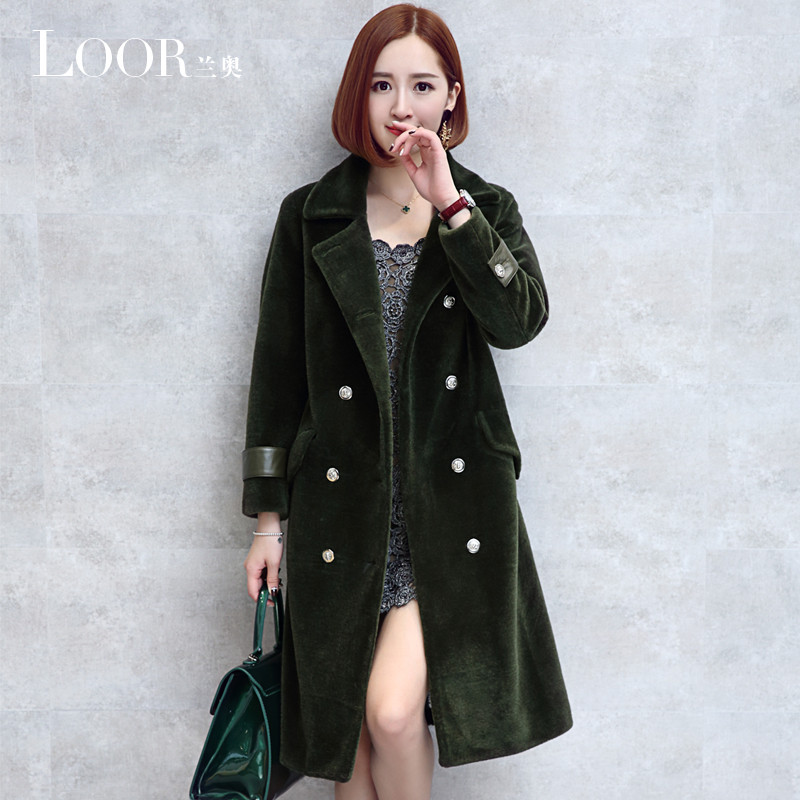兰奥2017冬季新款长款羊剪绒皮草大衣女英伦款修身羊毛皮草外套女 160/84A/M 军绿