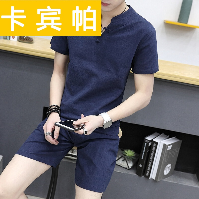九分裤男韩版2017潮流修身夏季棉麻短袖中国