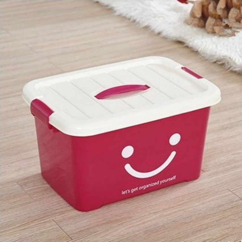 加厚食品级透明收纳箱整理箱塑料盒子有盖大中小号手提储物箱包邮 加厚新款笑脸玫红