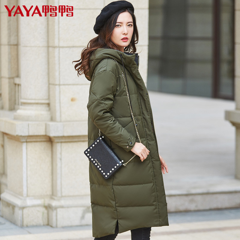 鸭鸭冬新款女装韩版时尚外套修身连帽羽绒服女中长款休闲潮 军绿色 155/80A