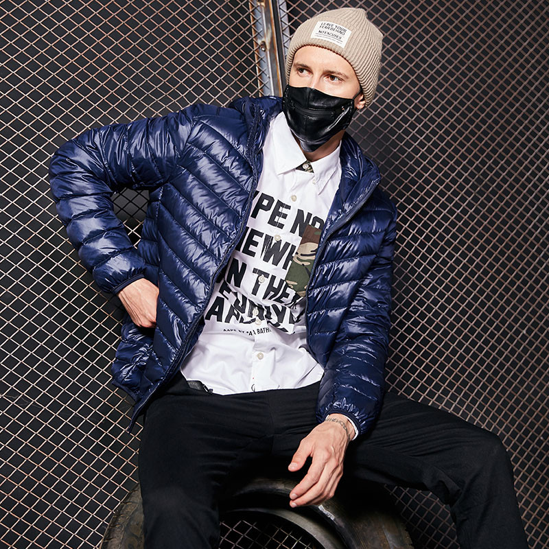 迪尔马奇羽绒服男冬季新款青年潮连帽休闲轻薄男士外套M13805 L 蓝色