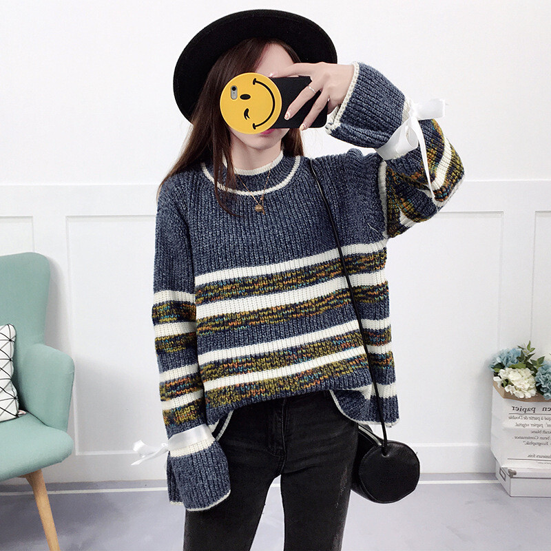 2017新款韩版条纹毛衣女款套头宽松短款针织