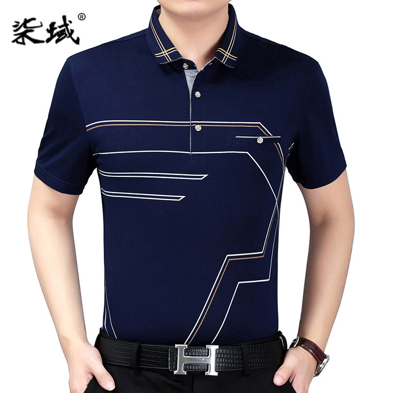 2017中年男士短袖T恤纯棉翻领夏装中老年男装