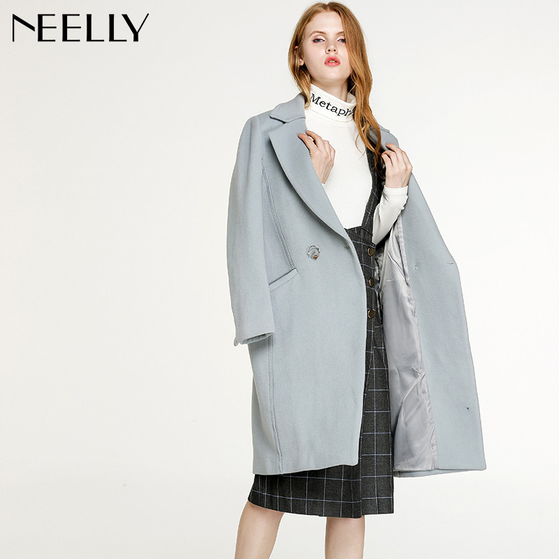 Neelly纳俪2017冬装新款女双排扣别针纯色通勤修身显瘦羊毛呢外套_1 M 豆荚绿