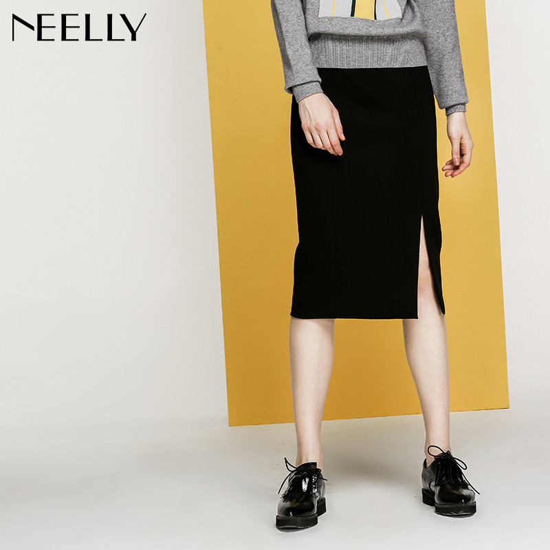 Neelly纳俪2017冬装新款女纯色职业短裙一步开叉半身裙_1 XL 黑色