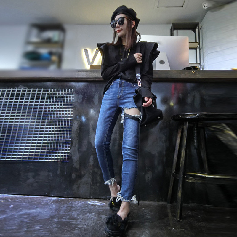 赛美意织带破洞毛边牛仔裤女 欧洲站2017秋冬季新品欧美弹力修身休闲小脚牛仔裤女S172h2837p2170 M 蓝色