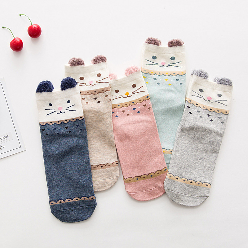 初愫10双装卡通动物图案潮款棉质中筒女袜 均码 E立体猫咪