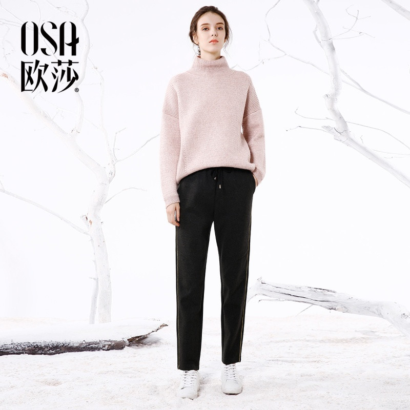 OSA欧莎2017冬装新款女装抽绳设计休闲裤 XL 深花灰色