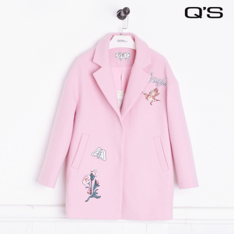 Q&rsquo;S/秸熙女装2017冬装新品时尚翻领动植物绣花宽松大衣JAC1G7 M 浅粉色