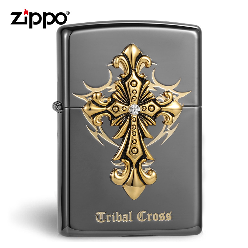 zippo打火机正版 芝宝正品日韩版贴章黑冰圣天使部落十字架 黑色