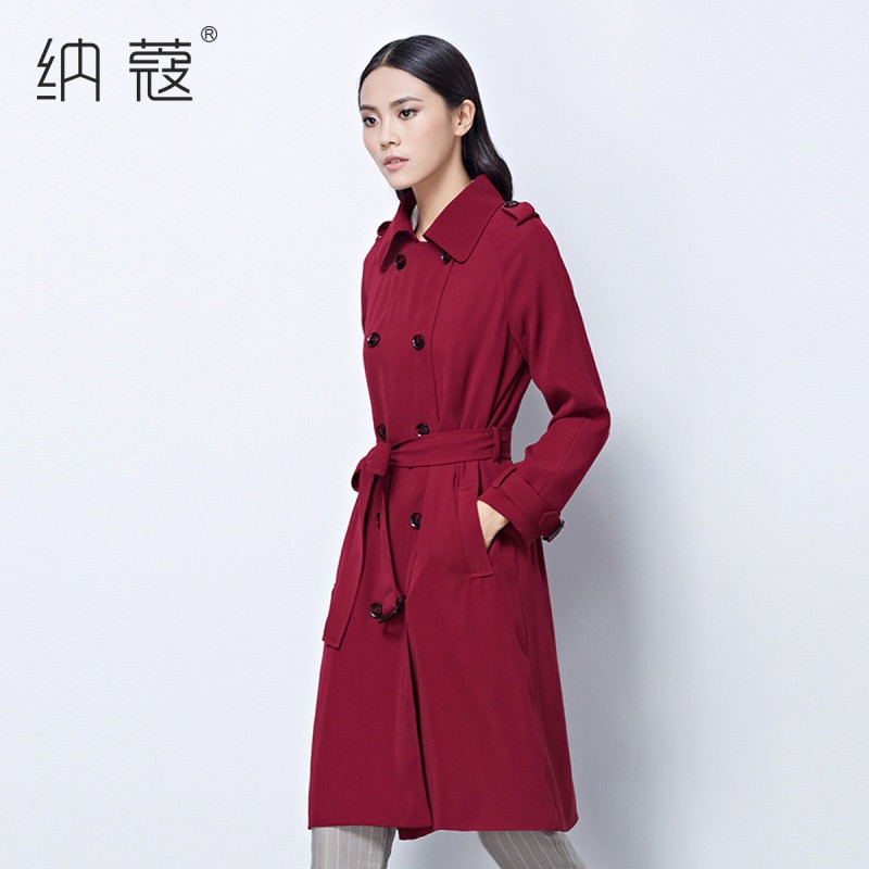 纳蔻中长款风衣女2017秋装新款长袖双排扣系带修身外套时尚女大衣 XL 酒红色