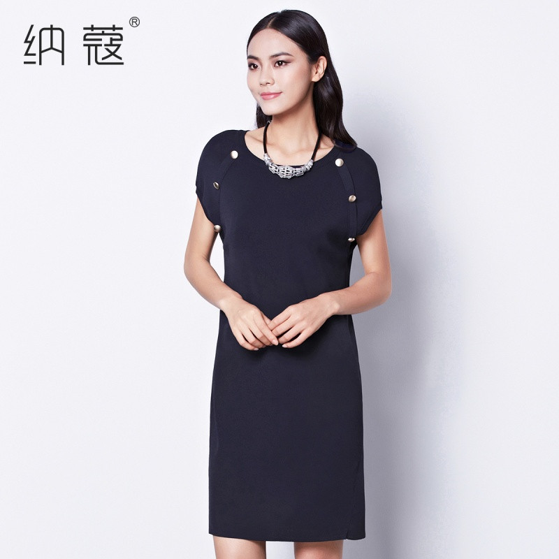 纳蔻夏季新品女装圆领短袖长裙简约时尚修身显瘦纯色连衣裙B1308 L 深蓝色