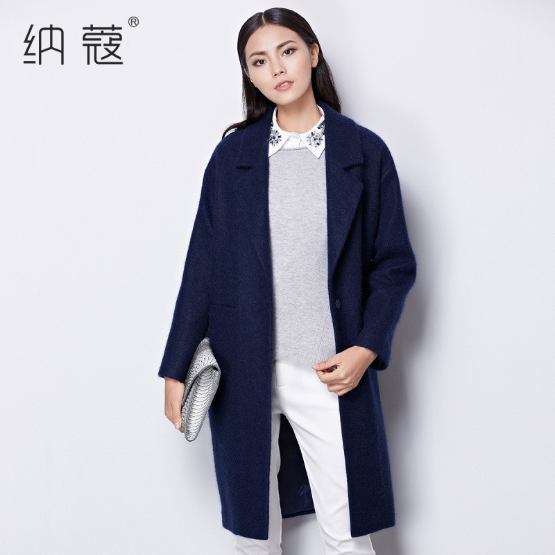 纳蔻秋冬新款女装毛呢外套女西装领羊毛大衣女中长款呢子外套 L 藏蓝色