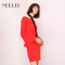 Neelly/纳俪2018春季新款纯色中长款喇叭袖显瘦连衣裙 XL 正红色
