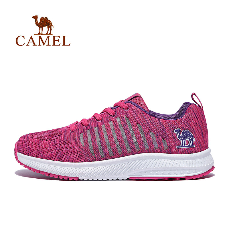 CAMEL骆驼春新款运动鞋男女 飞织网鞋轻便跑步运动鞋跑鞋 A813036111，梅红/炫紫，女款 35码