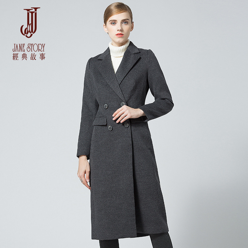 经典故事女装2017冬季新款双排扣毛呢大衣职业休闲保暖过膝大衣女 175/96A/XXL Q05深灰