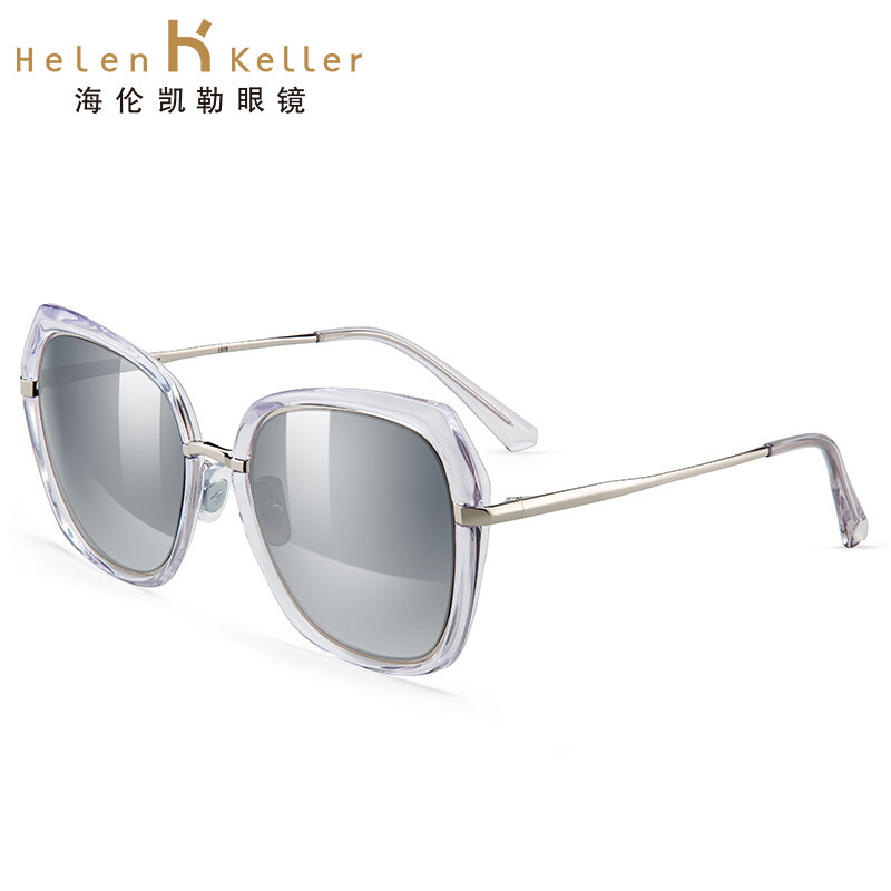 海伦凯勒2018年新款大框太阳镜女摩登优雅高清偏光墨镜 N04亮银透明框/银色镀膜镜片