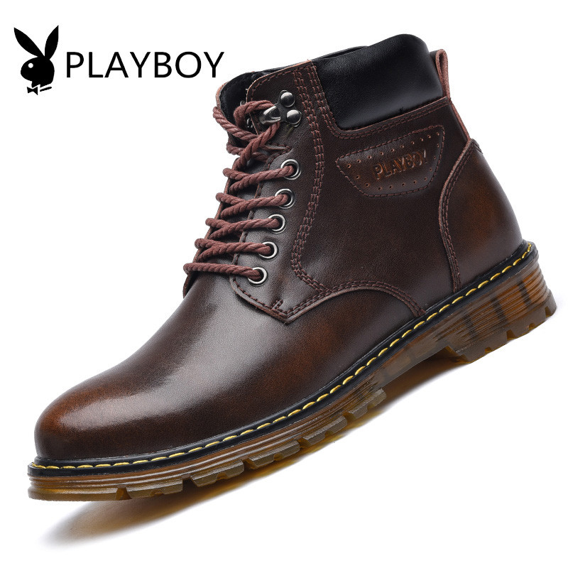 花花公子(PLAYBOY)工装鞋男防滑高帮大头鞋耐磨休闲户外鞋 X39344 棕色 41码