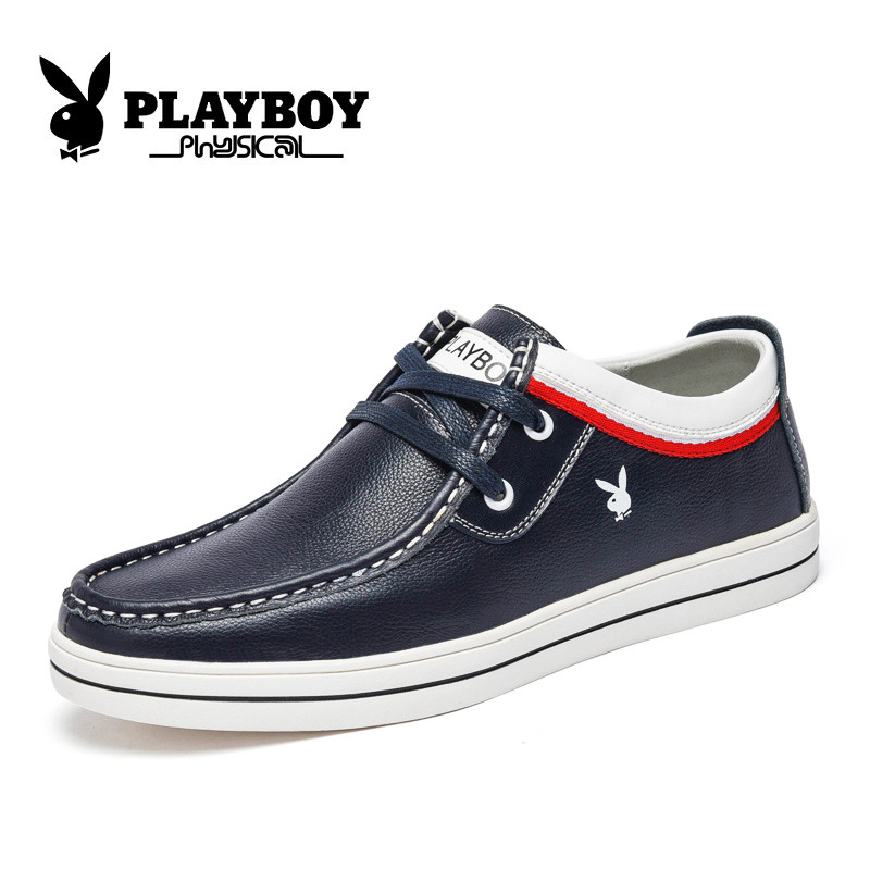 花花公子(PLAYBOY)男鞋秋季新品上市板鞋潮流休闲皮鞋男系带头层牛皮 X39317 深蓝色 39码