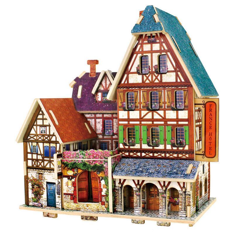 酷丑3D立体拼图木质DIY手工拼图建筑模型儿童积木拼装拼插木制组装玩具_1 法国旅馆