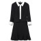 洛诗琳2017秋季新款女装荷叶袖V领中裙修身显瘦OL气质黑色连衣裙 XL 黑色