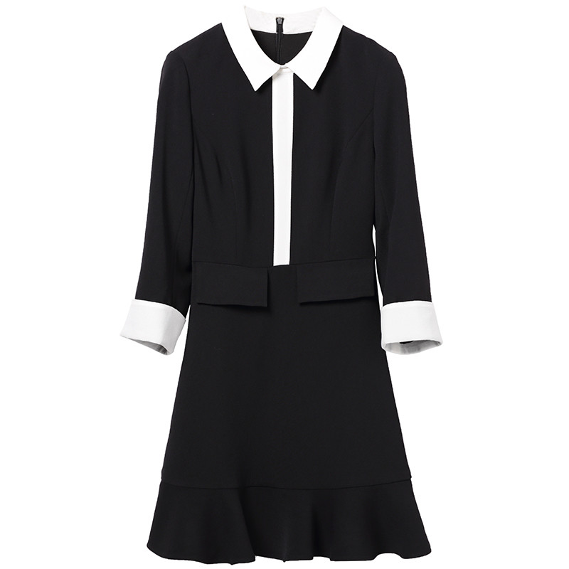 洛诗琳2017秋季新款女装荷叶袖V领中裙修身显瘦OL气质黑色连衣裙 S 黑色