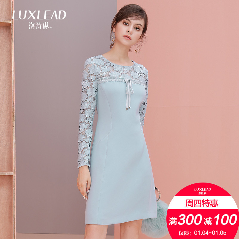 洛诗琳2017秋季新款女装长袖拼接水溶蕾丝中裙修身显瘦气质连衣裙