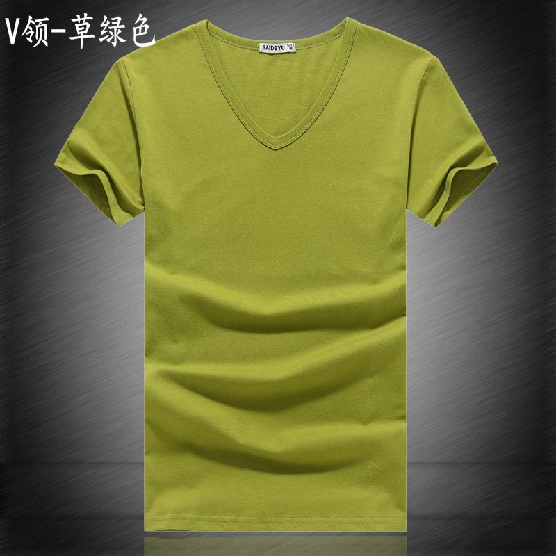男士短袖t恤春夏季纯棉男装修身黑白纯色V领半截袖衣服学生打底衫 XXL V领-草绿色
