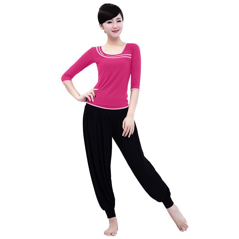 运动户外秋冬广场舞蹈服愈加健身宽松瑜伽服套装女灯笼裤_3 XL 珊瑚红+黑色