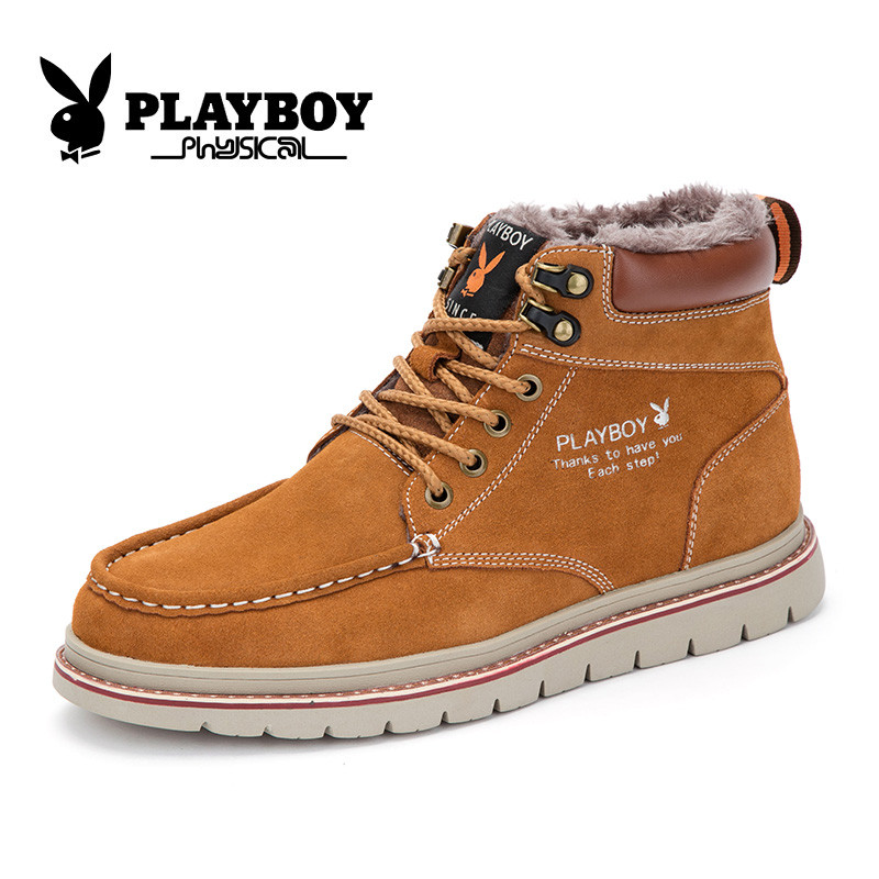 花花公子（PLAYBOY）男靴加绒雪地靴高帮休闲鞋潮 X39151M 棕色 41码