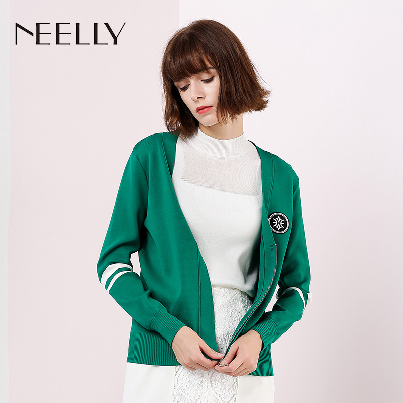 NEELLY/纳俪2018春季新款纯色短款休闲显瘦开衫 M 草绿色