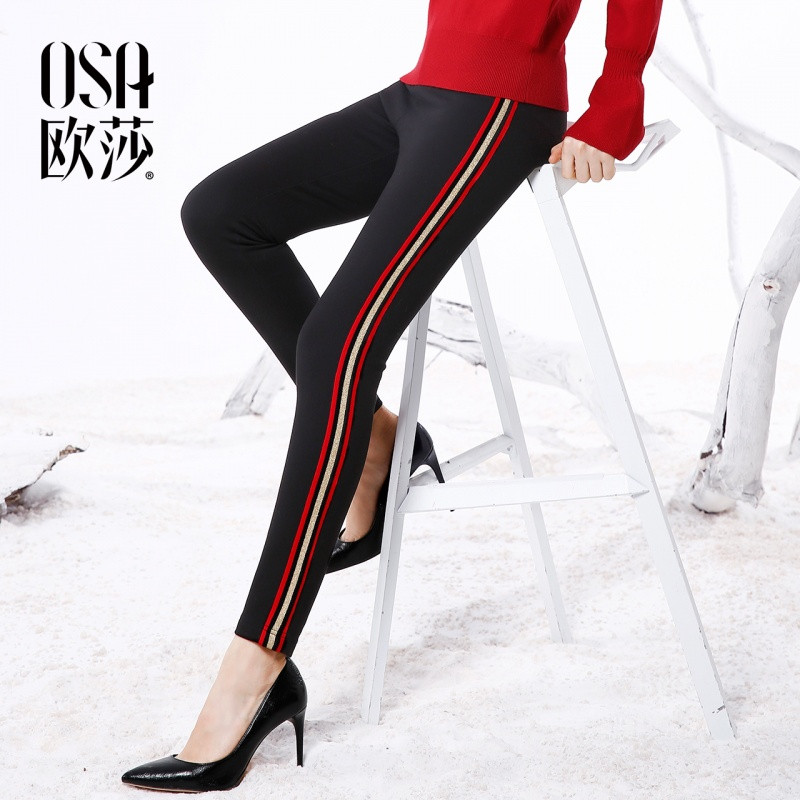①OSA欧莎2017冬装新款女装舒适修身显瘦拼接磨毛打底裤D55007 L 黑色