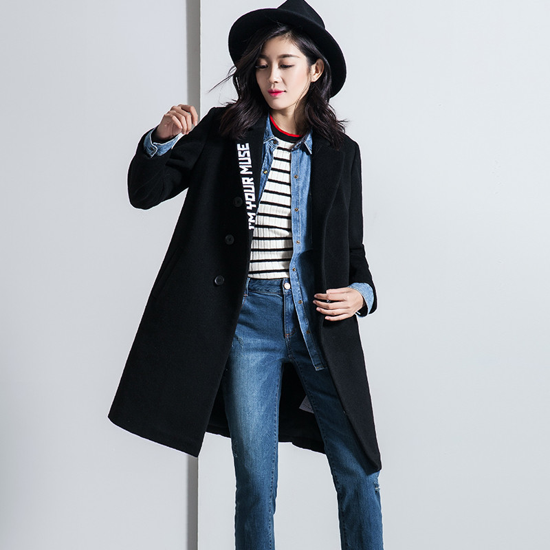 女冬装韩版时尚字母翻领双排扣中长款羽绒拼接毛呢大衣外套 L 黑色