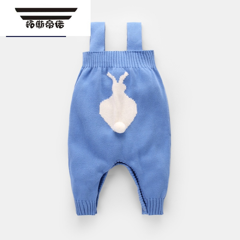 新生婴儿针织吊带毛线背带长裤男女宝宝棉春秋卡通潮裤吊带裤 80-90CM建议穿XL码 蓝色兔子背带裤纯棉毛线